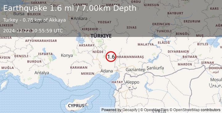 Earthquake CENTRAL TURKEY (1.6 ml) (2024-12-22 10:55:59 UTC)