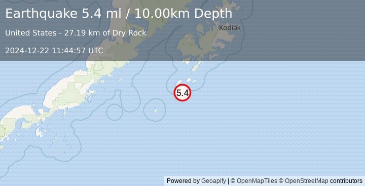 Earthquake KODIAK ISLAND REGION, ALASKA (5.4 ml) (2024-12-22 11:44:59 UTC)