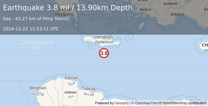 Earthquake CRETE, GREECE (3.9 ml) (2024-12-22 11:53:07 UTC)