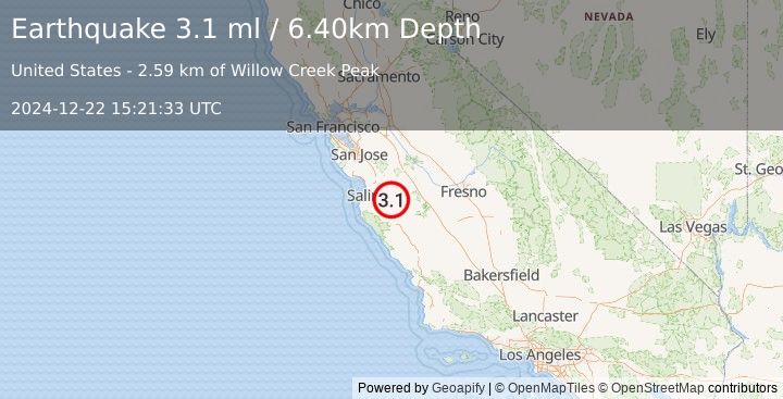 Earthquake CENTRAL CALIFORNIA (3.1 ml) (2024-12-22 15:21:33 UTC)