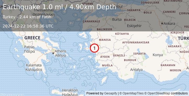 Earthquake WESTERN TURKEY (1.0 ml) (2024-12-22 16:58:36 UTC)