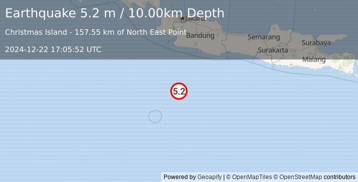 Earthquake SOUTH OF JAVA, INDONESIA (5.2 m) (2024-12-22 17:05:54 UTC)