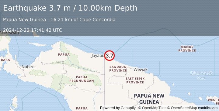 Earthquake NEAR N COAST OF NEW GUINEA, PNG. (3.7 m) (2024-12-22 17:41:42 UTC)