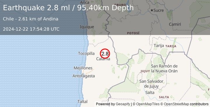 Earthquake ANTOFAGASTA, CHILE (2.8 ml) (2024-12-22 17:54:28 UTC)