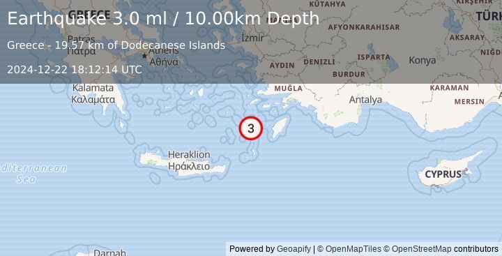 Earthquake DODECANESE IS.-TURKEY BORDER REG (3.0 ml) (2024-12-22 18:12:14 UTC)