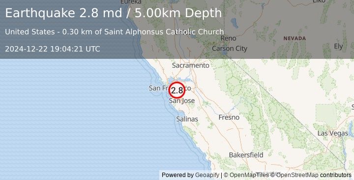 Earthquake SAN FRANCISCO BAY AREA, CALIF. (2.8 md) (2024-12-22 19:04:21 UTC)