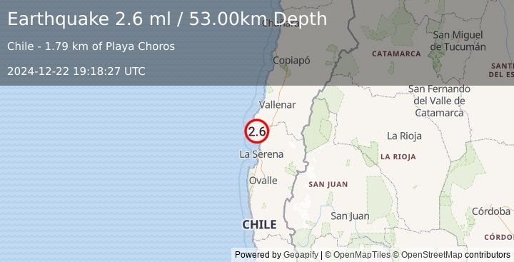 Earthquake OFFSHORE COQUIMBO, CHILE (2.6 ml) (2024-12-22 19:18:27 UTC)