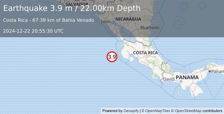 Earthquake OFF COAST OF COSTA RICA (3.9 m) (2024-12-22 20:55:30 UTC)