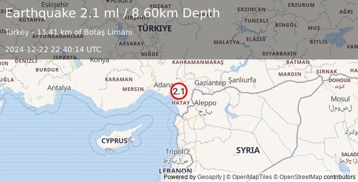 Earthquake TURKEY-SYRIA BORDER REGION (2.1 ml) (2024-12-22 22:40:14 UTC)