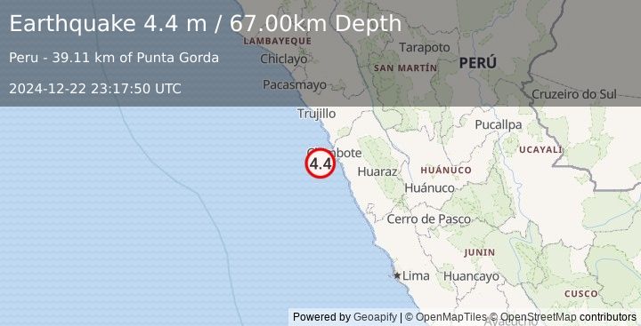 Earthquake NEAR COAST OF NORTHERN PERU (4.4 m) (2024-12-22 23:17:50 UTC)