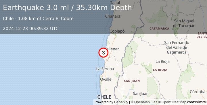 Earthquake ATACAMA, CHILE (3.0 ml) (2024-12-23 00:39:32 UTC)