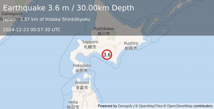 Earthquake HOKKAIDO, JAPAN REGION (3.6 m) (2024-12-23 00:57:30 UTC)