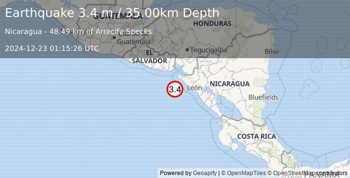 Earthquake NEAR COAST OF NICARAGUA (3.4 m) (2024-12-23 01:15:26 UTC)