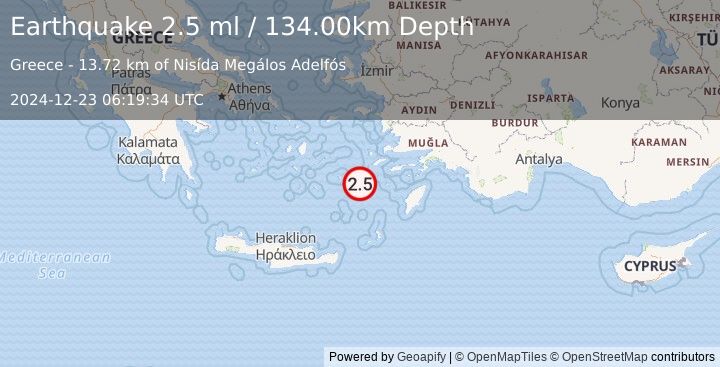 Earthquake DODECANESE ISLANDS, GREECE (2.5 ml) (2024-12-23 06:19:34 UTC)