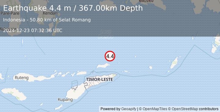 Earthquake KEPULAUAN BARAT DAYA, INDONESIA (4.4 m) (2024-12-23 07:32:36 UTC)