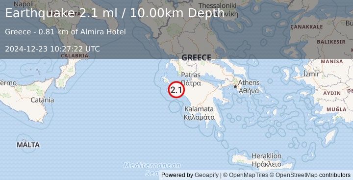 Earthquake SOUTHERN GREECE (2.1 ml) (2024-12-23 10:27:22 UTC)