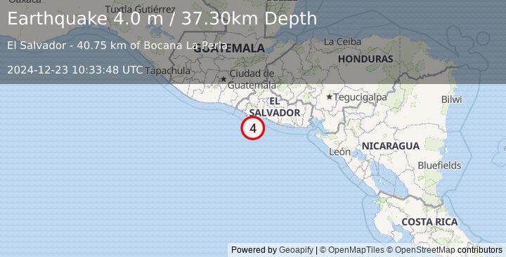 Earthquake OFFSHORE EL SALVADOR (4.0 m) (2024-12-23 10:33:48 UTC)