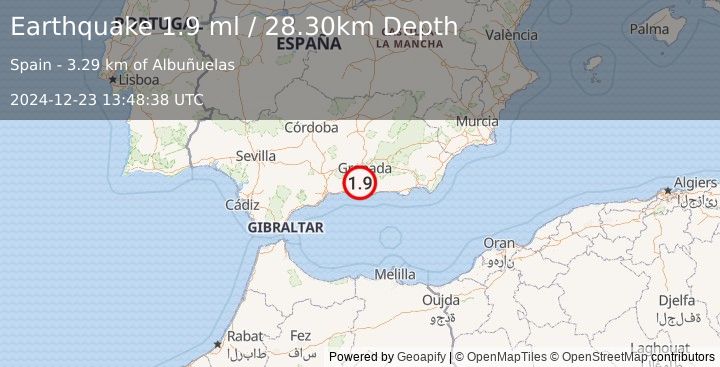 Earthquake STRAIT OF GIBRALTAR (1.9 ml) (2024-12-23 13:48:38 UTC)