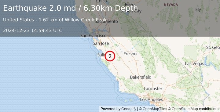 Earthquake CENTRAL CALIFORNIA (2.0 md) (2024-12-23 14:59:43 UTC)