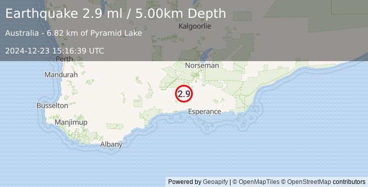 Earthquake WESTERN AUSTRALIA (2.9 ml) (2024-12-23 15:16:39 UTC)