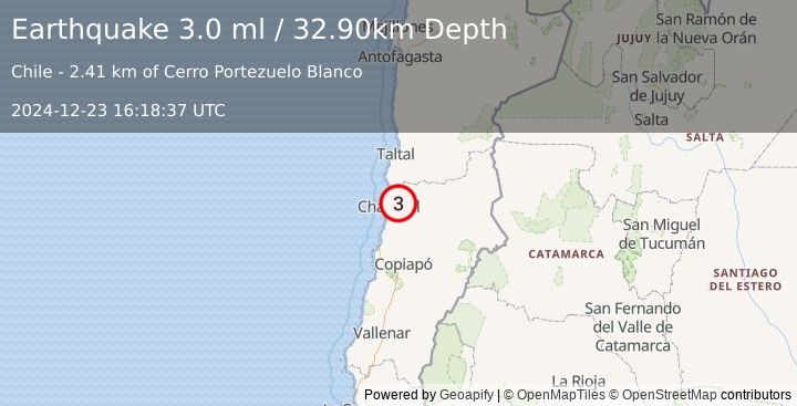 Earthquake ATACAMA, CHILE (3.0 ml) (2024-12-23 16:18:37 UTC)