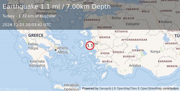 Earthquake NEAR THE COAST OF WESTERN TURKEY (1.1 ml) (2024-12-23 20:03:42 UTC)