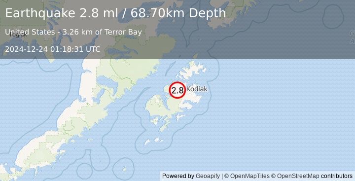 Earthquake KODIAK ISLAND REGION, ALASKA (2.8 ml) (2024-12-24 01:18:31 UTC)