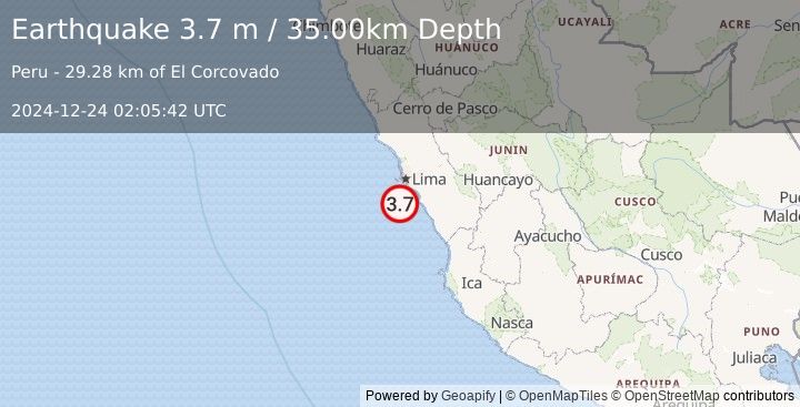 Earthquake NEAR COAST OF CENTRAL PERU (3.7 m) (2024-12-24 02:05:42 UTC)