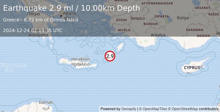 Earthquake DODECANESE ISLANDS, GREECE (2.9 ml) (2024-12-24 02:19:35 UTC)