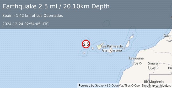 Earthquake CANARY ISLANDS, SPAIN REGION (2.5 ml) (2024-12-24 02:54:05 UTC)