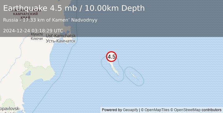 Earthquake KOMANDORSKIYE OSTROVA REGION (4.5 mb) (2024-12-24 03:18:29 UTC)