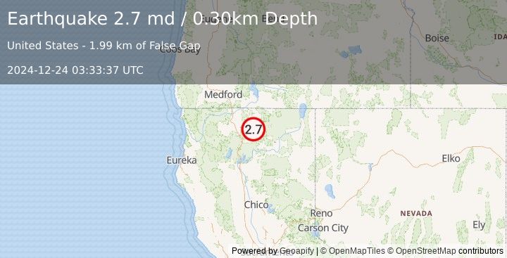 Earthquake NORTHERN CALIFORNIA (2.7 md) (2024-12-24 03:33:37 UTC)