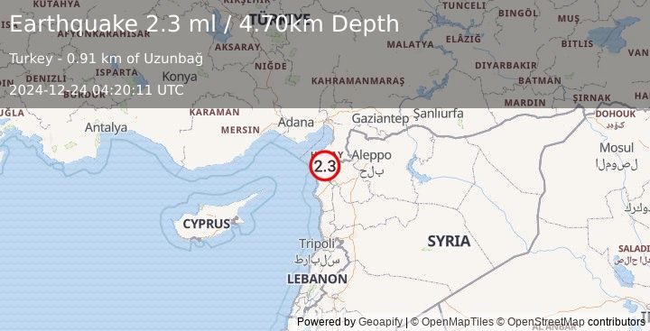 Earthquake TURKEY-SYRIA BORDER REGION (2.3 ml) (2024-12-24 04:20:11 UTC)