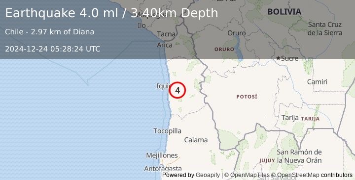 Earthquake TARAPACA, CHILE (3.7 ml) (2024-12-24 05:28:25 UTC)