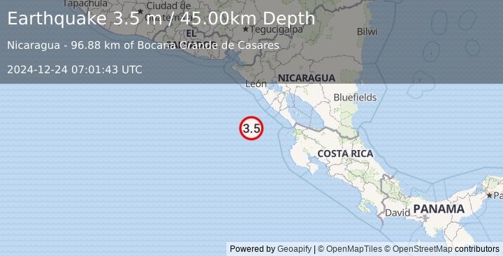 Earthquake NEAR COAST OF NICARAGUA (3.5 m) (2024-12-24 07:01:43 UTC)