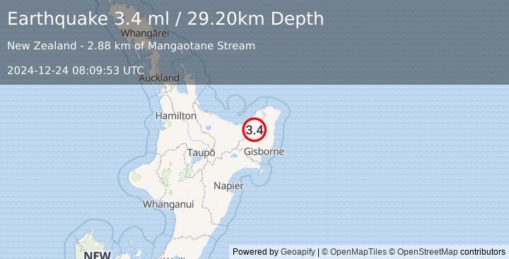 Earthquake NORTH ISLAND OF NEW ZEALAND (3.4 ml) (2024-12-24 08:09:53 UTC)