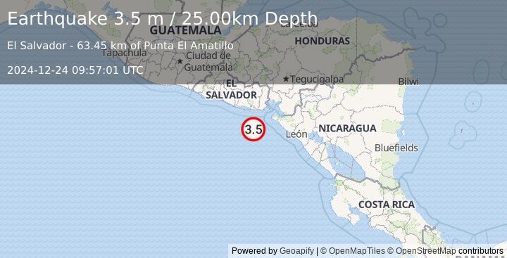 Earthquake OFFSHORE EL SALVADOR (3.5 m) (2024-12-24 09:57:01 UTC)