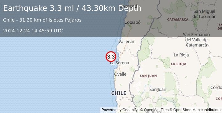 Earthquake OFFSHORE COQUIMBO, CHILE (3.3 ml) (2024-12-24 14:45:59 UTC)