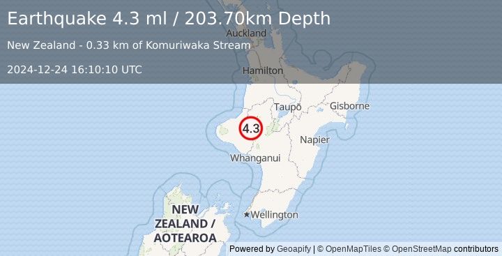 Earthquake NORTH ISLAND OF NEW ZEALAND (4.3 ml) (2024-12-24 16:10:10 UTC)