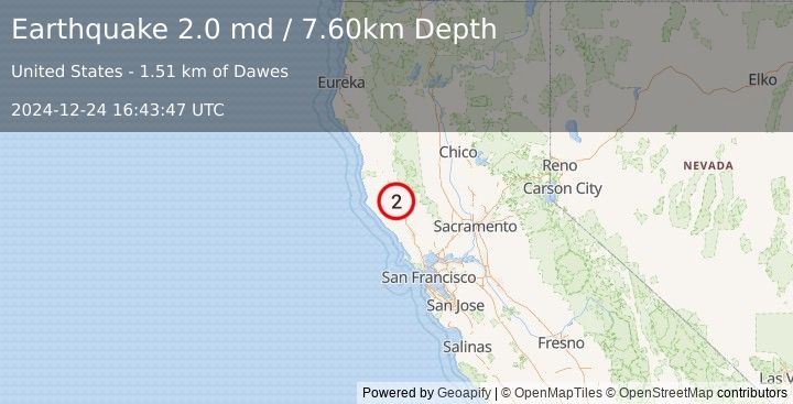 Earthquake NORTHERN CALIFORNIA (2.0 md) (2024-12-24 16:43:47 UTC)