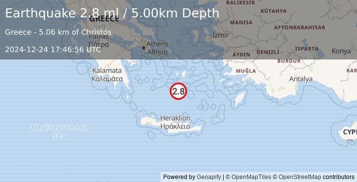 Earthquake DODECANESE ISLANDS, GREECE (2.8 ml) (2024-12-24 17:46:56 UTC)