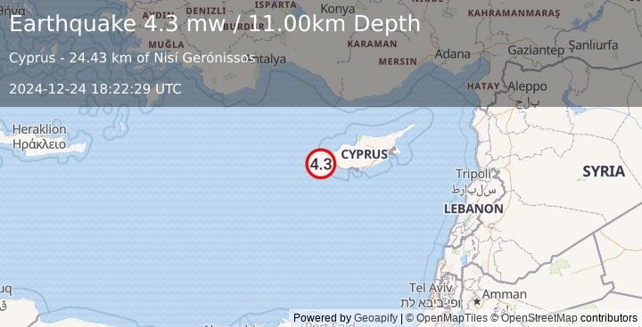 Earthquake CYPRUS REGION (4.3 mw) (2024-12-24 18:22:29 UTC)