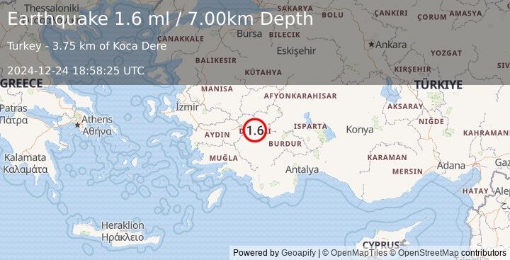 Earthquake WESTERN TURKEY (1.6 ml) (2024-12-24 18:58:25 UTC)