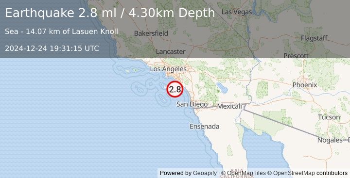 Earthquake GULF OF SANTA CATALINA, CALIF. (2.8 ml) (2024-12-24 19:31:15 UTC)