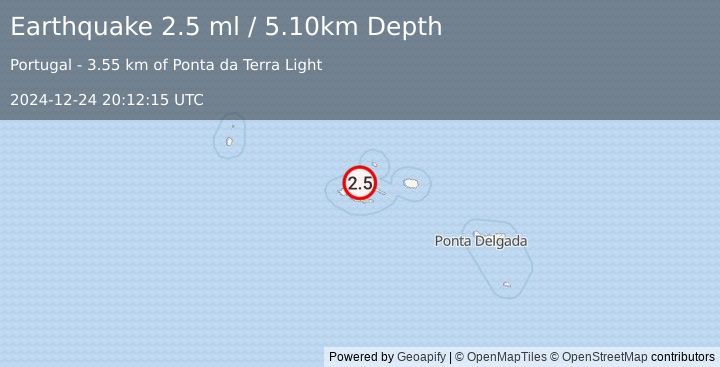 Earthquake AZORES ISLANDS, PORTUGAL (2.5 ml) (2024-12-24 20:12:15 UTC)