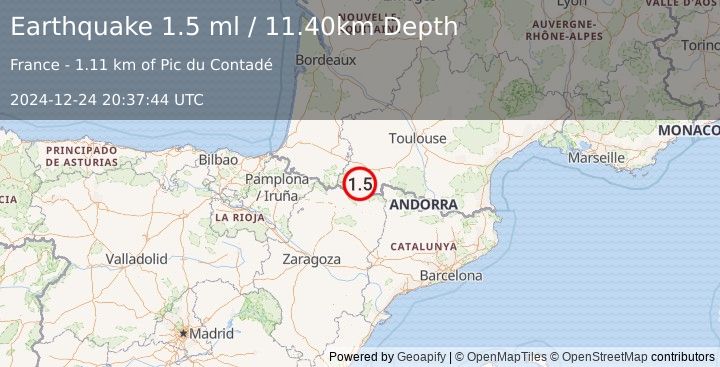 Earthquake PYRENEES (1.5 ml) (2024-12-24 20:37:44 UTC)