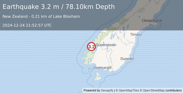 Earthquake SOUTH ISLAND OF NEW ZEALAND (3.2 m) (2024-12-24 21:52:57 UTC)