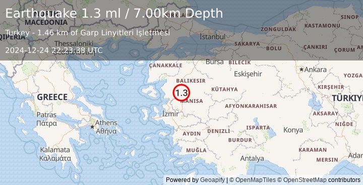 Earthquake WESTERN TURKEY (1.3 ml) (2024-12-24 22:23:38 UTC)