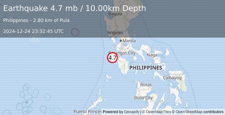 Earthquake MINDORO, PHILIPPINES (4.7 mb) (2024-12-24 23:32:45 UTC)