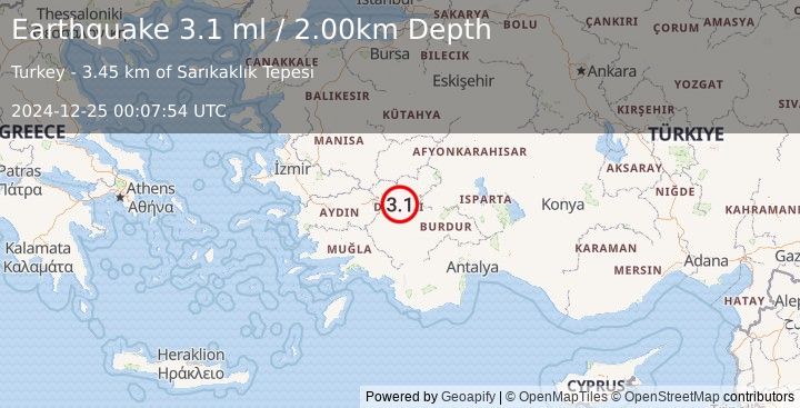 Earthquake WESTERN TURKEY (3.0 ml) (2024-12-25 00:07:55 UTC)